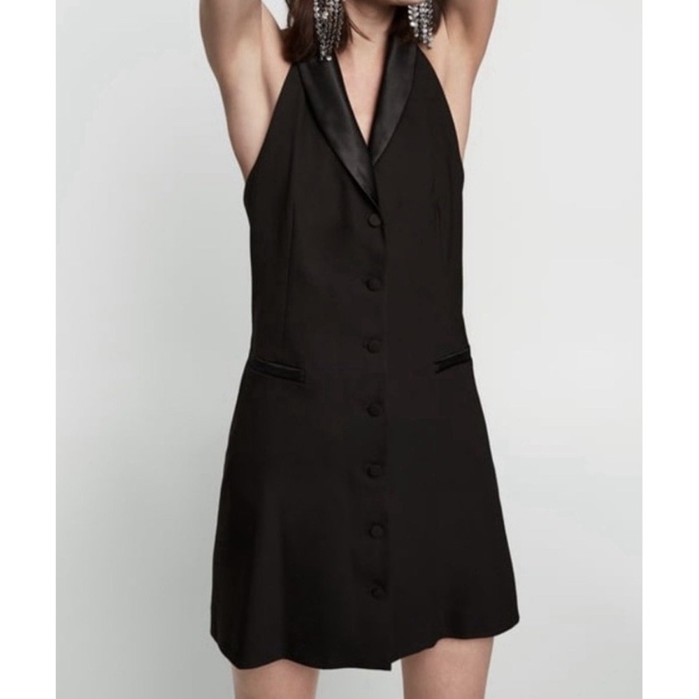 Zara Women's XS Black Tuxedo Single Button Blazer Jacket Mini Dress Satin Lapel